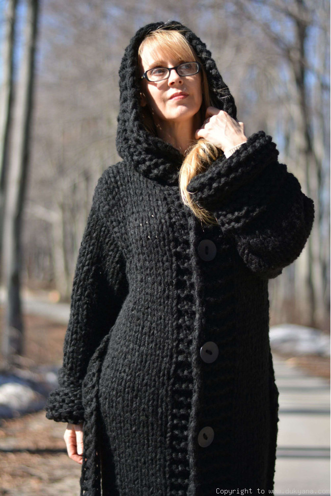 Hand knit long chunky wool blend hooded cardigan in black/CA47